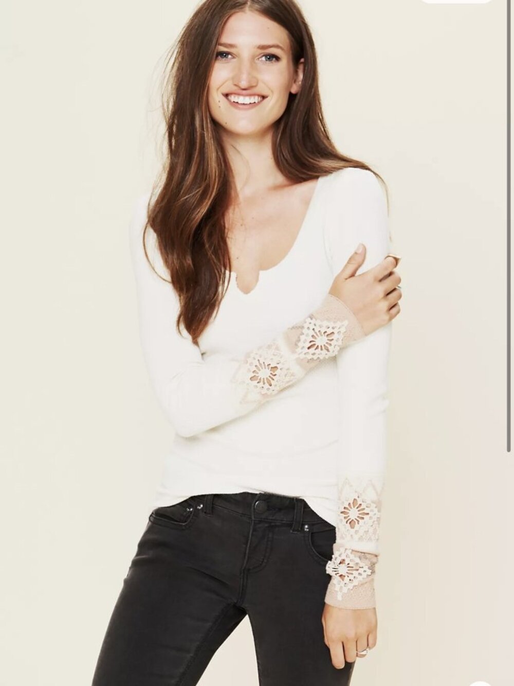 Free People Kombucha Cuff Thermal Top Ivory Waffle Knit Crochet Women's Medium